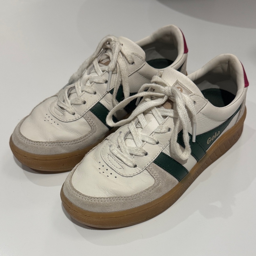 Gola White Grandslam Sneakers with Green Stripes and Pink Heel Tab